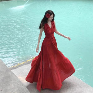 Vestido de Noche Largo con Cuello Halter, Estilo Vintage, de Gasa, Cintura Alta, Espalda Descubierta, Color Sólido, en Rojo Vino, Verde Oscuro y Negro - Product Image 1