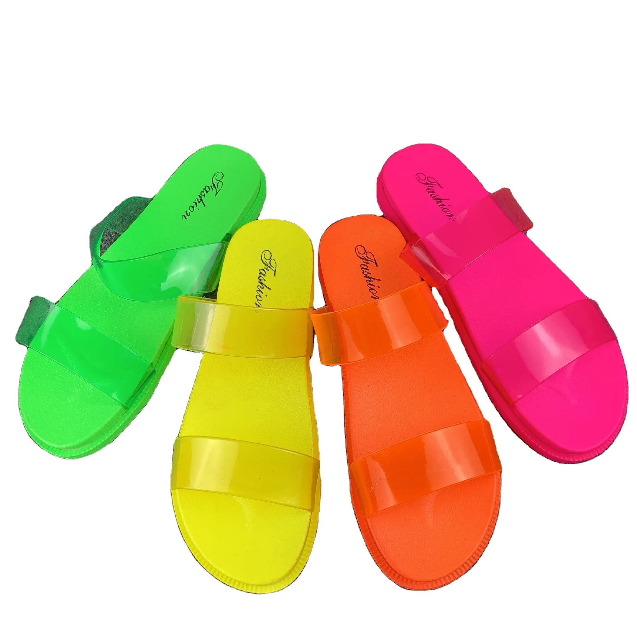 2021 고품질 샌들 패션 더블 신발 끈 투명 젤리 여성 슬리퍼 야외