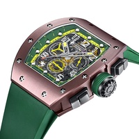 Jam tangan mekanis pria chronusart, jam tangan pria mewah, karbon, Tonneau, lempeng jam mekanis, dengan tangan bercahaya, tali karet hijau