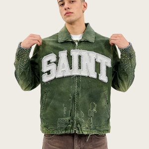 Chaquetas de mezclilla para hombre con bordado de pedrería personalizado del fabricante, chaquetas tipo Letterman y joggers estilo universitario para hombre - Product Image 1