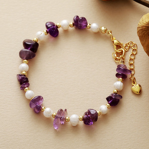 Amethyst And Citrine <b>Beaded</b> <b>Bracelet</b> With Pearl And Gold Heart Charm Bohemian Style Gift Jewelry - Product Image 1