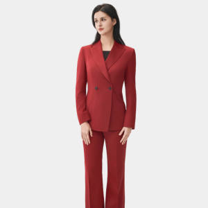 Ensemble <span class=keywords><strong>de</strong></span> costume formel pour femme à revers croisé, <span class=keywords><strong>pantalon</strong></span> large rouge, anti-plis, extensible, en laine/viscose, costumes professionnels - Product Image 2