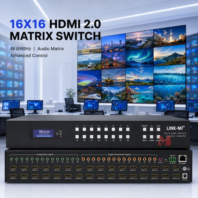 16x16 HDMI 2.0 Matrix Switcher 4K60Hz 18Gbps HDR10 Analog & SPDIF Audio Matrix