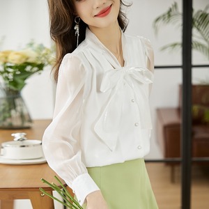 Blusa <span class=keywords><strong>blanca</strong></span> <span class=keywords><strong>Camisa</strong></span> de manga larga para mujer Verano Otoño Cuello <span class=keywords><strong>con</strong></span> lazo Blusas de oficina Femme 8909 # - Product Image 4