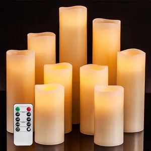 Set Van 9 Ivoor Real Wax Pijler Led Kaarsen Flickering Batterij Operated Kaarsen 4 "5" 6 "7" 8 "9" Met 10-Key Afstandsbediening En Timer