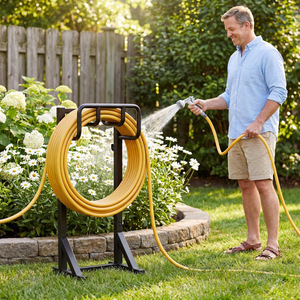 <b>Garden</b> hose holder, freestanding metal hose storage rack with tool <b>hooks</b>, outdoor patio lawn rack. - Product Image 3