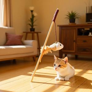 Nouvel ensemble de jouets colorés pour chat : Corde en sisal, jouet en bois et lin, plumes faites à la main, clochette et perche en bois – Fournitures pour animaux de compagnie - Product Image 3