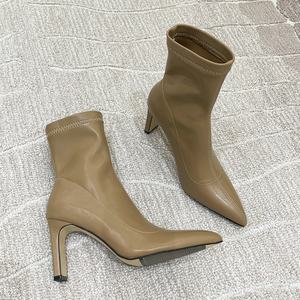 Chaussures pour femmes, bottes en cuir à talons hauts sexy et tendance, bottes à la cheville élastiques, chaussures confortables - Product Image 4