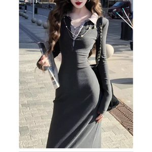 French Retro Shirt Collar Long Sleeve Ribbed Dress Tight Waist Breathable City Commuting Women's Sweater Dress - Product Image 1