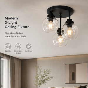 Modern 3 <b>Light</b> Semi Flush Mount Ceiling <b>Light</b> Fixture Clear Glass Globes <b>Black</b> Iron For Home Living Room Bedroom - Product Image 2