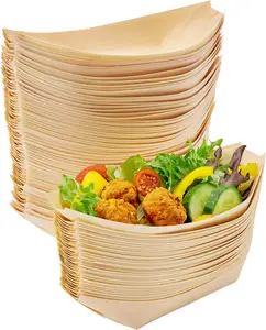 8.3 Inch Large Bamboo Plates Vessel Bowls Disposable 100 Pack Wood Paper Taco Plates Biodegradable Sushi Boat Serving Tray