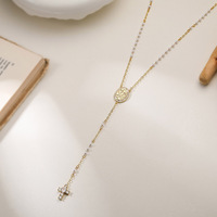 Collier chaîne en laiton plaqué or 18 carats avec pendentif croix en zircon cubique et médaille gaufrée en fausse perle en Y pour femme, bijoux vintage