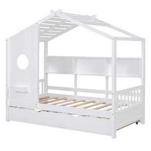 Modern Wooden Full Size <b>House</b> <b>Bed</b> With Trundle, Modern Design for Kids with Storage Shlef, White - Product Image 4