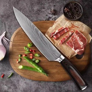 Customized cross-border spot goods wood grain <b>handle</b> Damascus laser-textured chef's <b>knife</b>, fruit <b>knife</b>, cleaver, stainless - Product Image 1