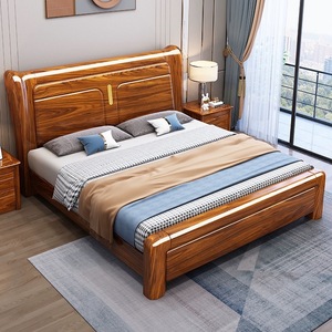 Lit en bois de noyer massif de style chinois minimaliste moderne, 1,8 m, avec rangement, lit double pour chambre principale, lit de mariage - Product Image 2