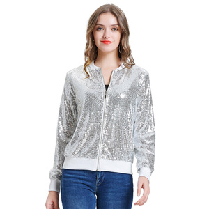 KC000097 OEM soporte manga larga cuello cremallera abrigo de las mujeres brillantes lentejuelas de béisbol chaquetas - Product Image 3