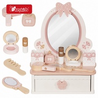 Rumah Boneka Kayu Dua Lantai dengan Atap Bergelombang Biru, Tangga, Set Perabot untuk Permainan Peran Imajinatif Anak W06A761