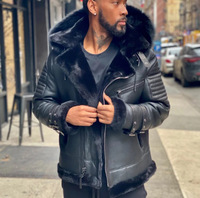 Veste en cuir PU noire à capuche pour homme avec col en fourrure surdimensionné, doublure en polaire épaisse, style américain, vêtement d'extérieur pour l'hiver