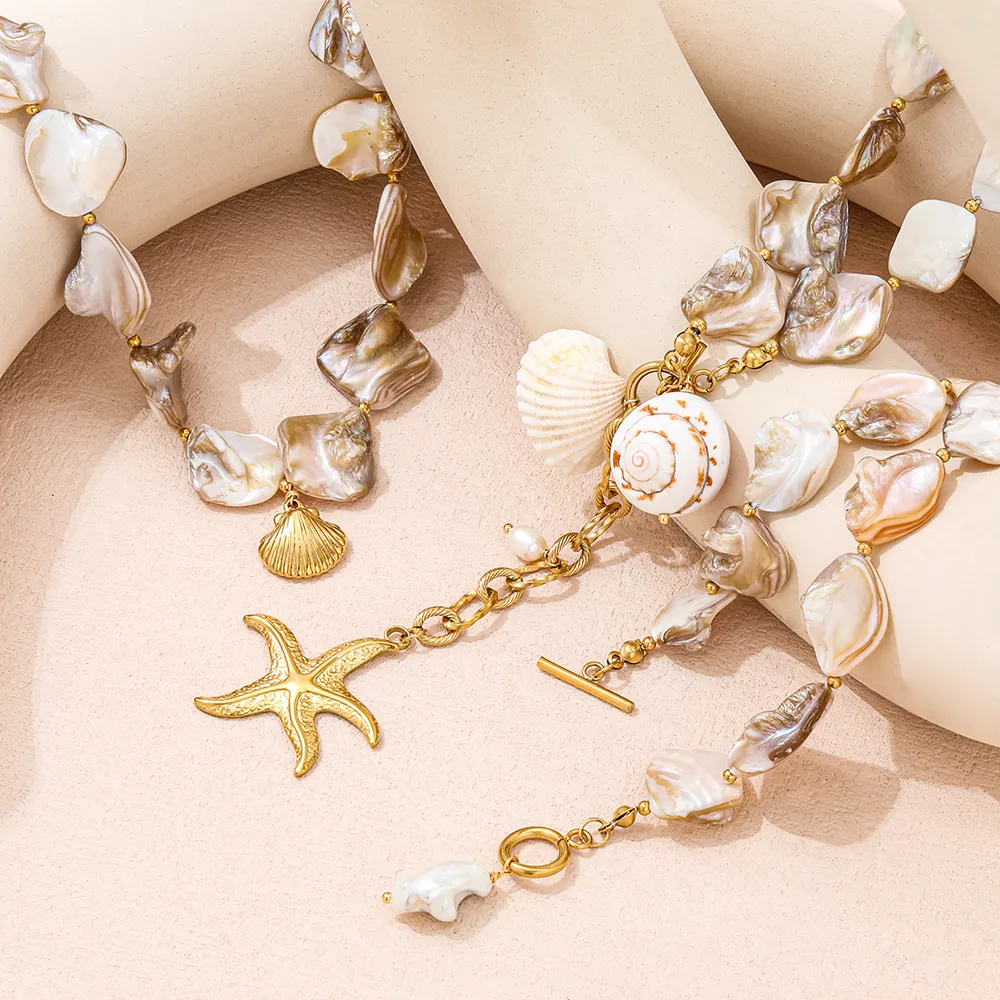 Joolim 18K Pvd Gold Plated Summer Beach Holiday Chunky Big StarfIsh Shell Pearl Stainless Steel Necklace Bracelet Jewelry