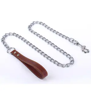 Heavy Duty PU Leather Handle And Metal Chain Dog Leash Durable Iron Leash For Dogs