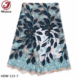 Velours africain rouge de luxe français avec paillettes broderie fleur Tulle <span class=keywords><strong>Net</strong></span> tissu de dentelle nigérian avec des pierres - Product Image 6