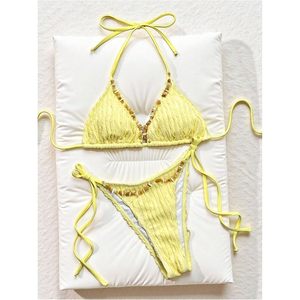 FOXA Ensemble bikini 2 pièces pour femme, haut texturé perlé à nouer, bas string, maillot de bain, tenue de plage estivale - Product Image 5
