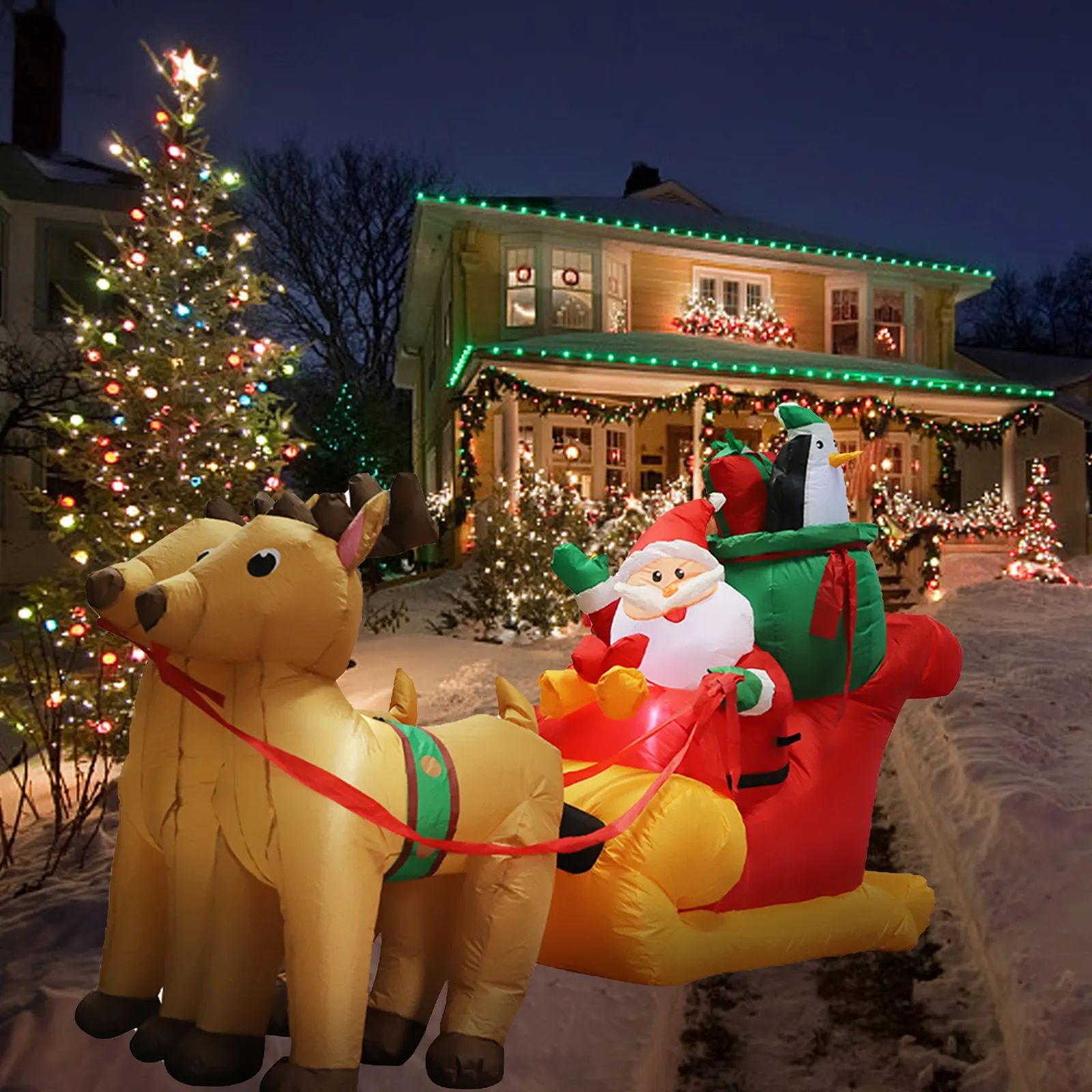 Christmas Inflatable Santa on Sleigh with Reindeer and Penguins Yard Decoration for Christmas Party