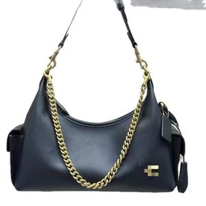 Sac à bandoulière en cuir lisse noir, forme croissant, double sangle, décor chaîne dorée, poches latérales, sac à main décontracté pour femme - Product Image 3