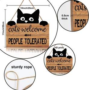 面白い猫のウェルカムサイン、猫のウェルカムピープル許容キティ子猫の足跡木製プラーク、10X11インチの黒い猫の壁の装飾 - Product Image 6