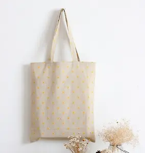 BSCI certified Custom fashion natural white flower printed cotton shopping bag