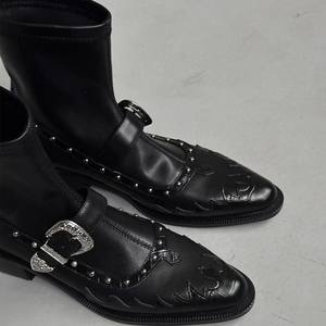 Versión en Existencia ~ Botas Negras Estilo Punk Nicho, Botines Retro de Tacón Grueso para Mujer con Diseño Elástico y Ajustado para Primavera - Product Image 2