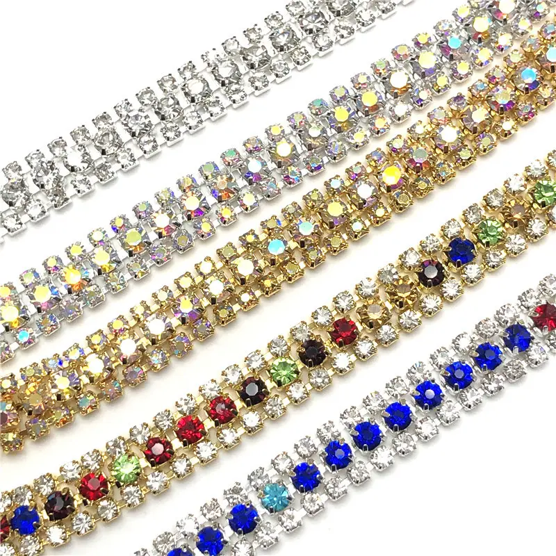 Decoração do casamento Costura Metal Guarnição Crystal Stone Applique Flatback Strass Fita Banding Glass Rhinestone Cadeia para DIY Artesanato