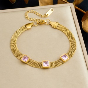 Geometric Square Rhinestone Bracelet Gold Plated Stainless Steel Mesh Chain Unisex Fashion Jewelry Gift - Product Image 2