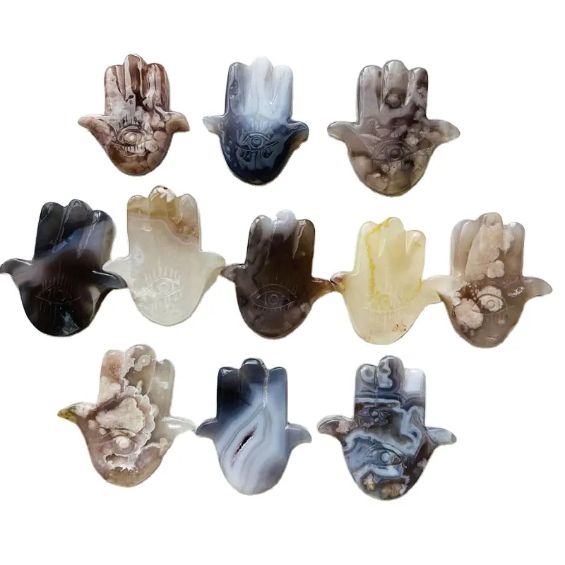 Agate Hands Natural Crystal Crafts Flower Agate Carving Hamsa Hands For Gifts