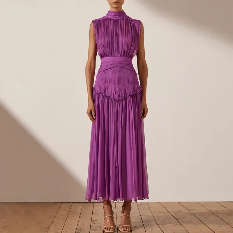 slim chiffon maxi dresses new arrival solid color spliced women dresses 2022