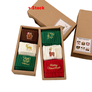 Lot de 3 paires de chaussettes d'hiver brodées de Noël pour filles, tricot côtelé, motif dessin animé, antibactériennes, avec empeigne <span class=keywords><strong>et</strong></span> bas de chaussette, emballées pour Noël - Product Image 1