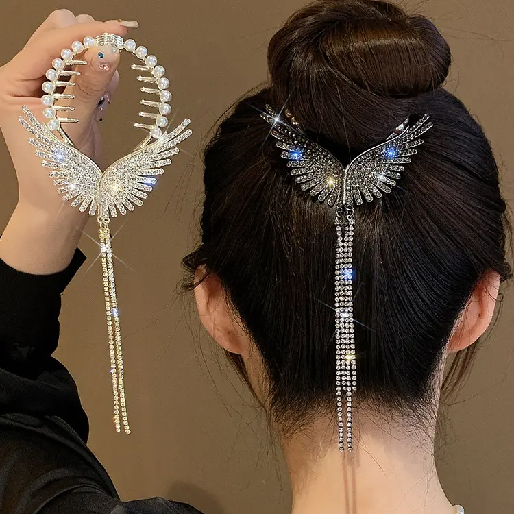 Shiny Full Rhinestone Angel Wing Hair Clip Elegant Tassel Pearl Hairpins Ponytail Bun Headbands For Women Girls Hair Accessories