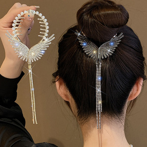 Barrette à cheveux en forme d'aile d'<span class=keywords><strong>ange</strong></span> entièrement recouverte de strass brillants, élégante, avec pompon en perles, barrettes pour queue de cheval, chignon, bandeaux pour femmes et filles, accessoires pour cheveux - Product Image 1