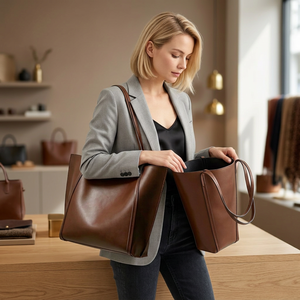 Nouveauté : Pochette de luxe pour femme en cuir véritable marron, style décontracté, fermeture éclair durable, deux poignées, imperméable et légère - Product Image 1
