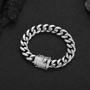 Bracciale cubano rotondo in acciaio inossidabile fresato, con chiusura a moschettone e zirconi, bracciale a catena hip-hop placcato elettroliticamente a colori inalterabili - Product Image 4