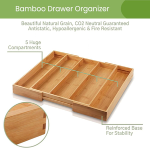 Organisateur de tiroir de cuisine en bambou écologique réglable avec rainures incurvées, <span class=keywords><strong>extensible</strong></span> 3-5 compartiments, boîte de rangement durable et légère - Product Image 5