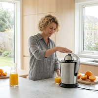 Draagbare citruspers van roestvrij staal voor sinaasappels en citroenen, geschikt voor grensoverschrijdend gebruik, 160W, BPA-vrij.