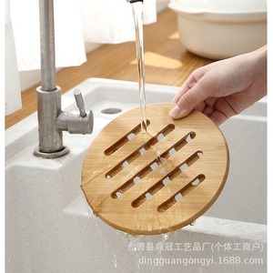 Bamboo Round Table <b>Mat</b> Natural Wood Color Washable For Kitchen Sink Use - Product Image 1