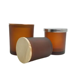 Factory Price 7oz 10oz 14oz Customized Amber Frosted Luxury Glass Candle Jars With Metal And Bamboo Lids For Aroma Candles