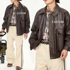 Jaket bomber jaket kulit palsu PU coklat desain kustom OEM jaket Bomber pria