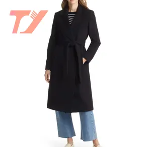 TUOYI Basic style high quality wool coat OEM custom fashion Belted black casual warmth wool coat