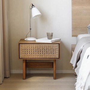 Woven Rattan Solid Wood Bedside <strong>Cabinet</strong> &amp; <strong>Side</strong> Table-Nordic Wabi-Sabi &amp; Vintage Styles-Oak &amp; <strong>Black</strong> Walnut-from China - Product Image 2