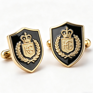 Custom Logo Gold Plated Zinc Alloy Cufflinks Luxury Formal Wedding Gift with Crown Monogram Design - Product Image 1