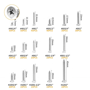 Ensemble de vis en acier inoxydable OEM pour bois # 4 # 6 # 8 # 10 # <span class=keywords><strong>Kit</strong></span> d'assortiment de 12 vis autotaraudeuses à tête plate Phillips pour tôles - Product Image 2