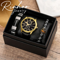 Set Jam Tangan Quartz Kasual Tali Kulit PU Gelang Sepeda Punk Jam Tangan Pria Klasik Arloji Bergaya Set Kotak Perhiasan Bisnis
